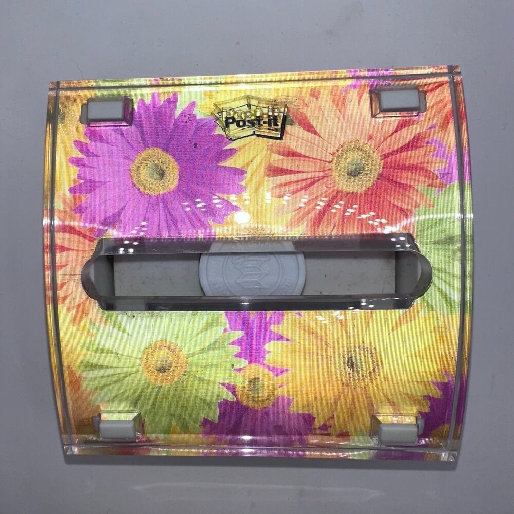 EUC 3M Post It Note Pop Up Dispenser Daisy Floral Clear Acrylic